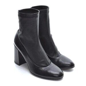 $500 AGL SOCK BLACK LEATHER BLOCK HEEL PULL ON CHELSEA BOOTIE 37.5 (TE16)